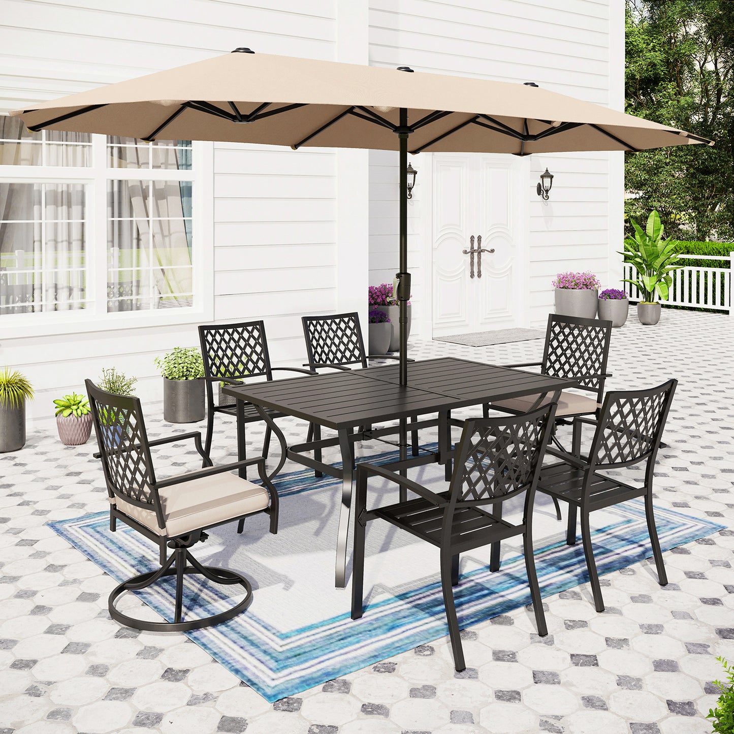 Captiva Designs 8pc Outdoor Slat-top Rectangular Steel Dining Table & Black Steel Chairs & Beige Umbrella