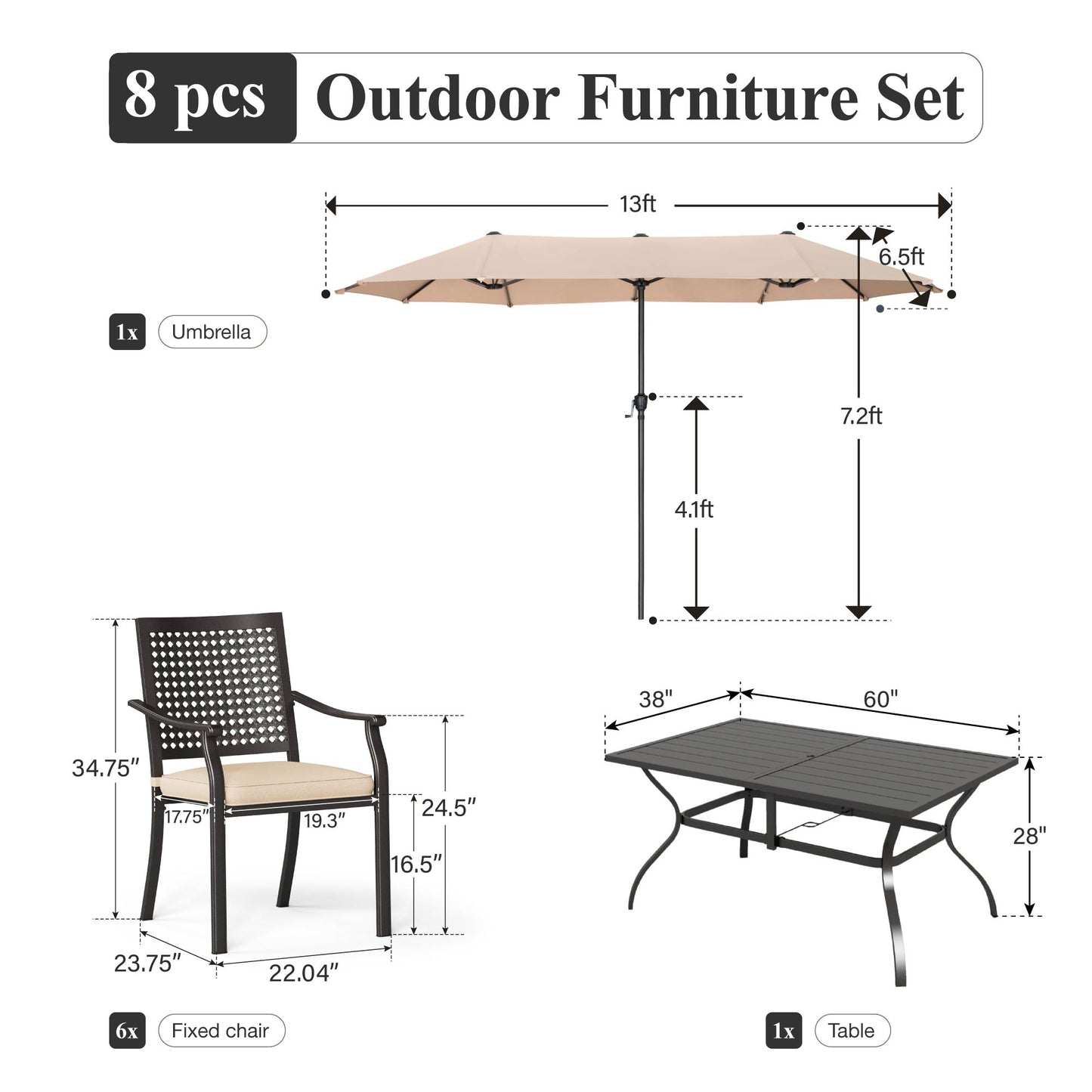 Captiva Designs 8pc Patio Dining Set with Rectangular Steel Table & Black Steel Chairs & Beige Umbrella