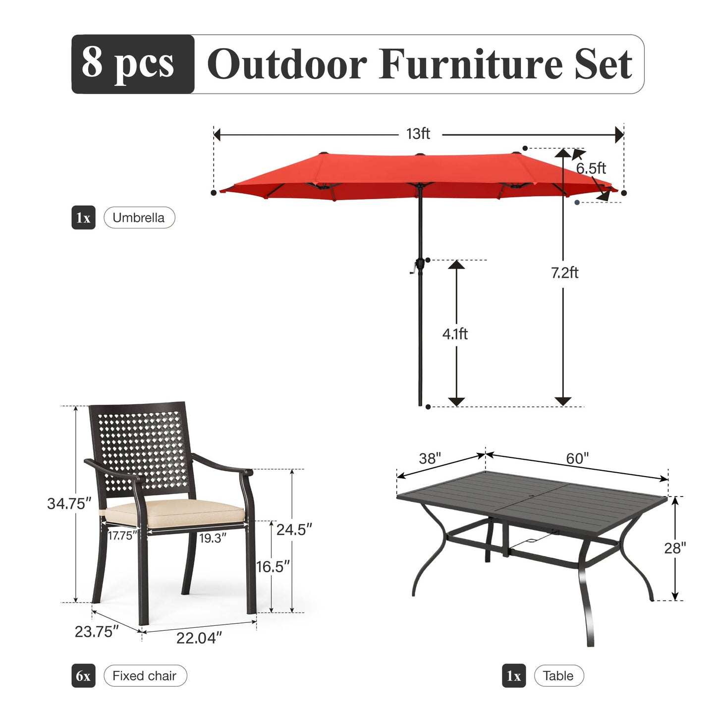 Captiva Designs 8pc Patio Slat-top Dining Steel Table & Stackable Steel Chairs & Market Umbrella