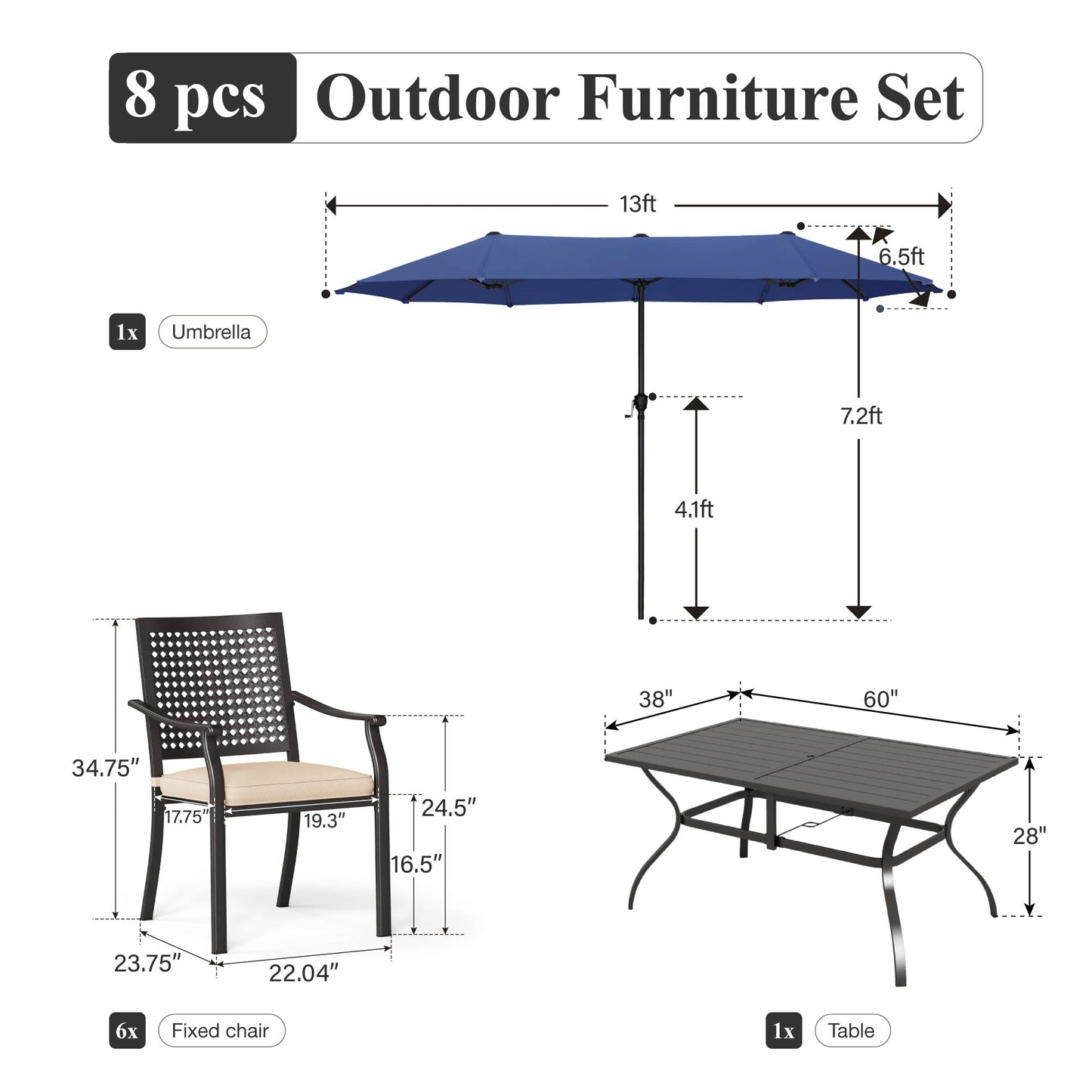 Captiva Designs 8pc Patio Slat-top Dining Steel Table & Stackable Steel Chairs & Market Umbrella