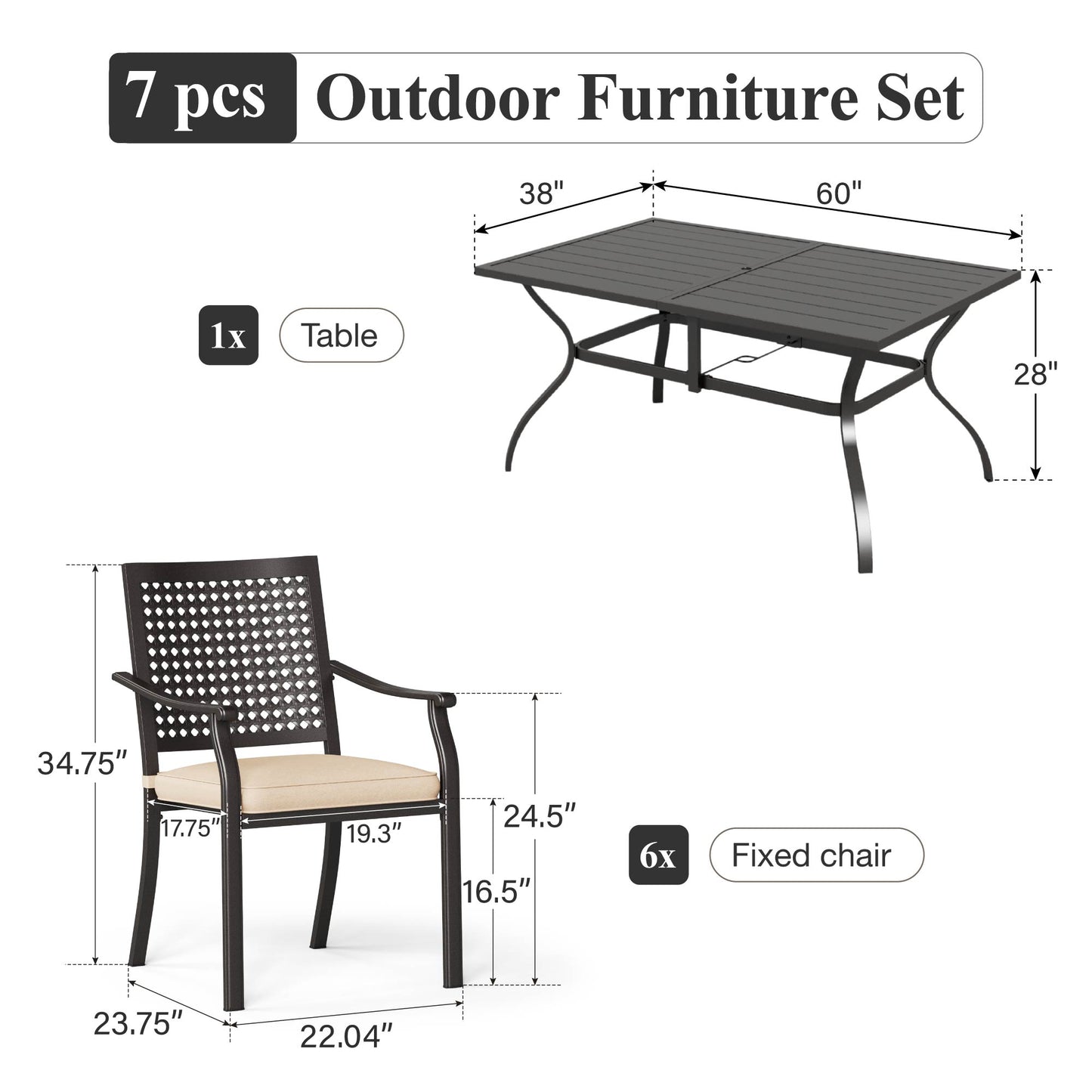 Captiva Designs 7 件套露台餐桌椅套装，配有带板顶的矩形桌子和带剥离式靠背的金属可堆叠椅子