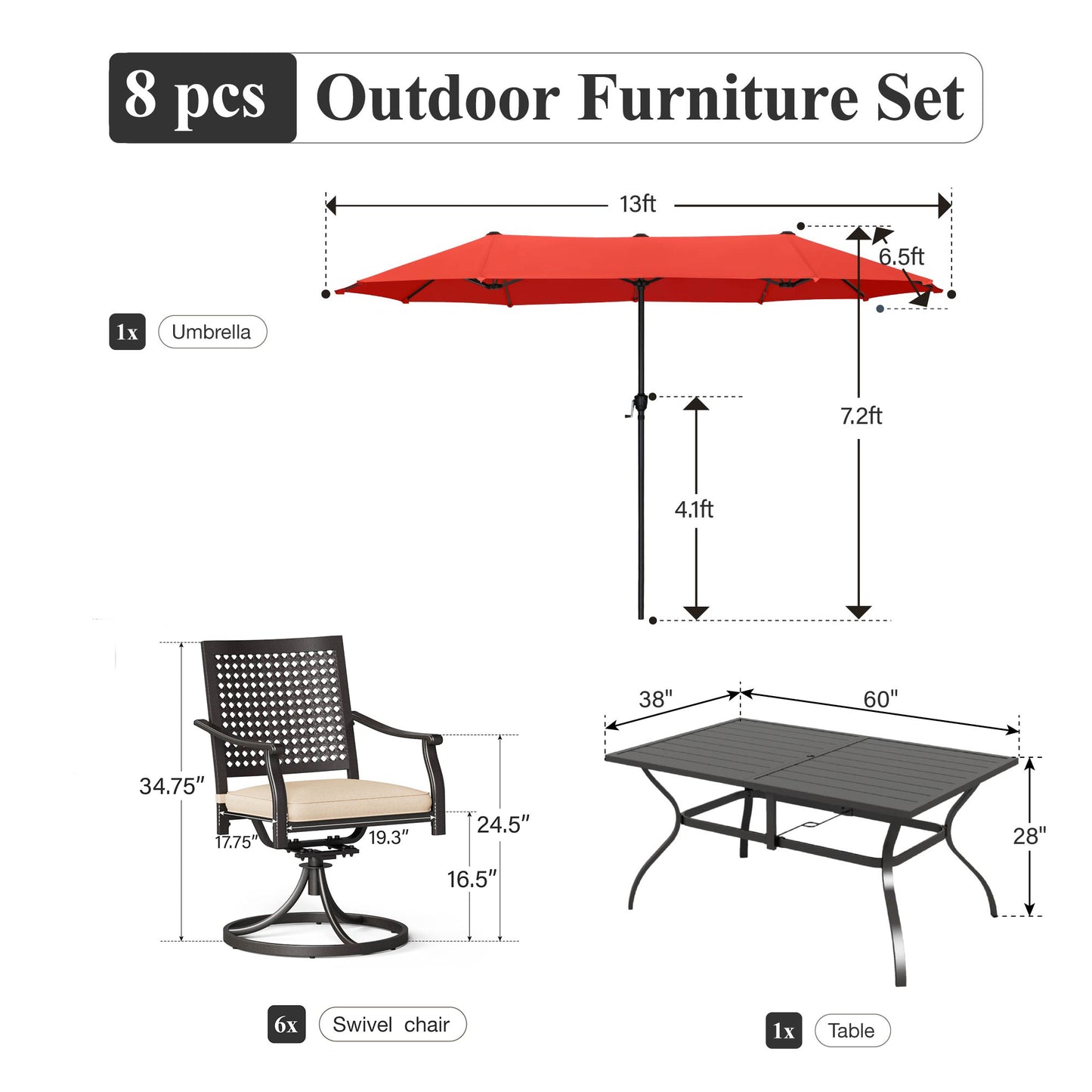 Captiva Designs 8pc Patio Slat-top Dining Steel Table & Stackable Steel Chairs & Market Umbrella