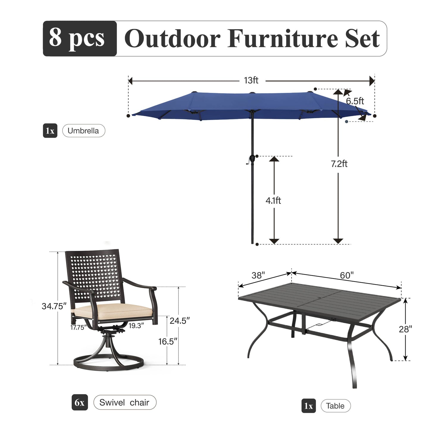 Captiva Designs 8pc Patio Slat-top Dining Steel Table & Stackable Steel Chairs & Market Umbrella