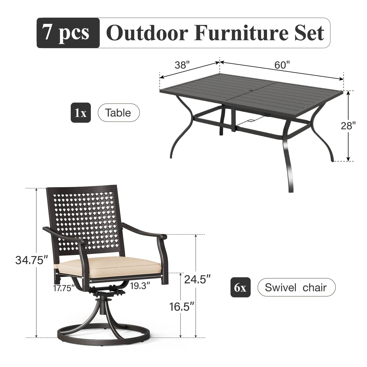 Captiva Designs 7 件套露台餐厅板顶矩形桌子和旋转椅，带靶心图案
