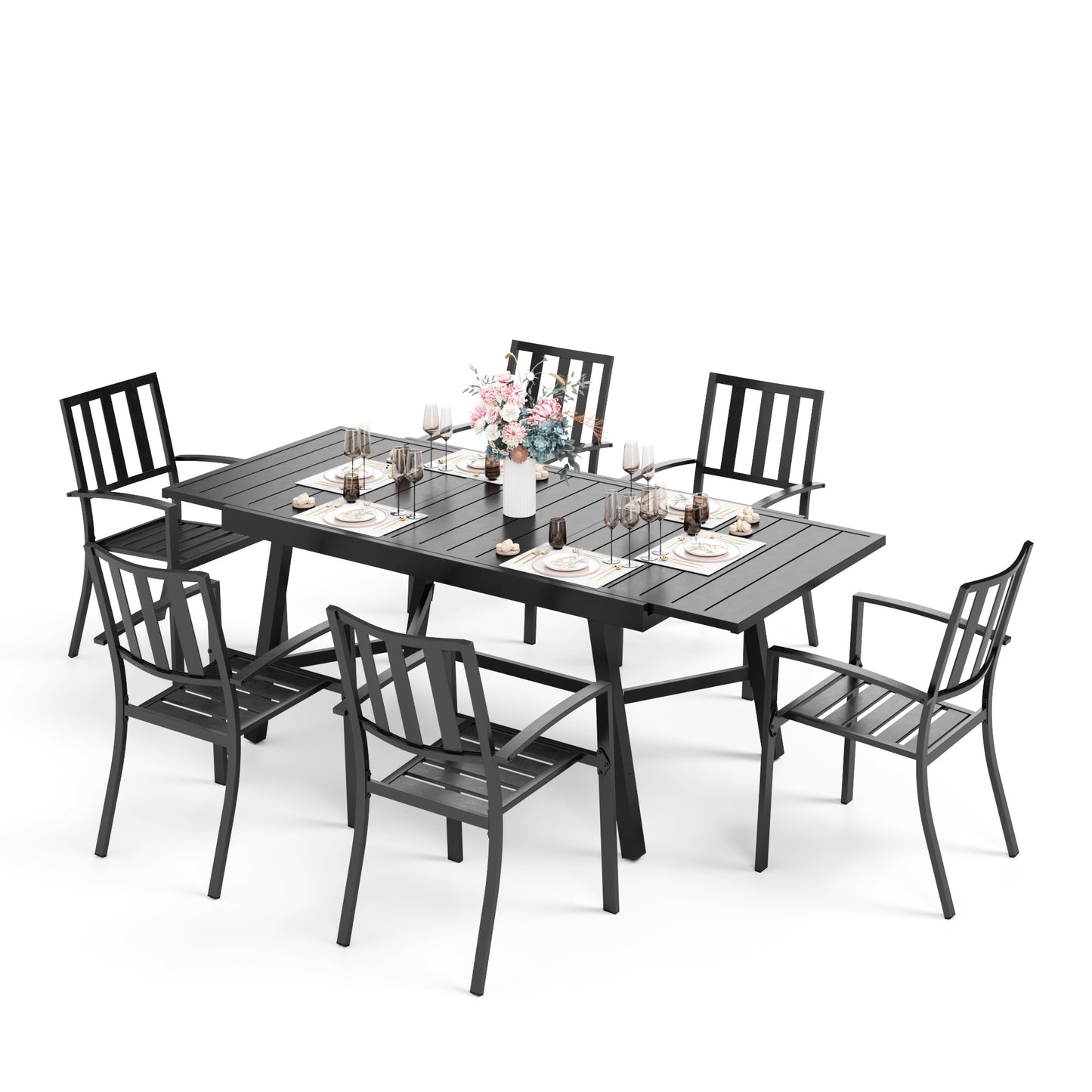 Captiva Designs 7pc Outdoor Expandable Rectangle Dining Table & Metal Armrest Chairs