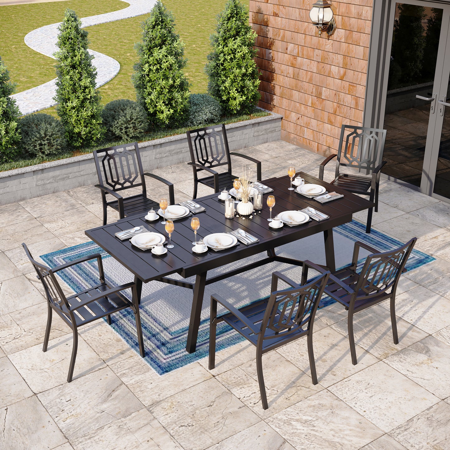 Captiva Designs 7pc Outdoor Expandable Rectangle Dining Table & Metal Armrest Chairs