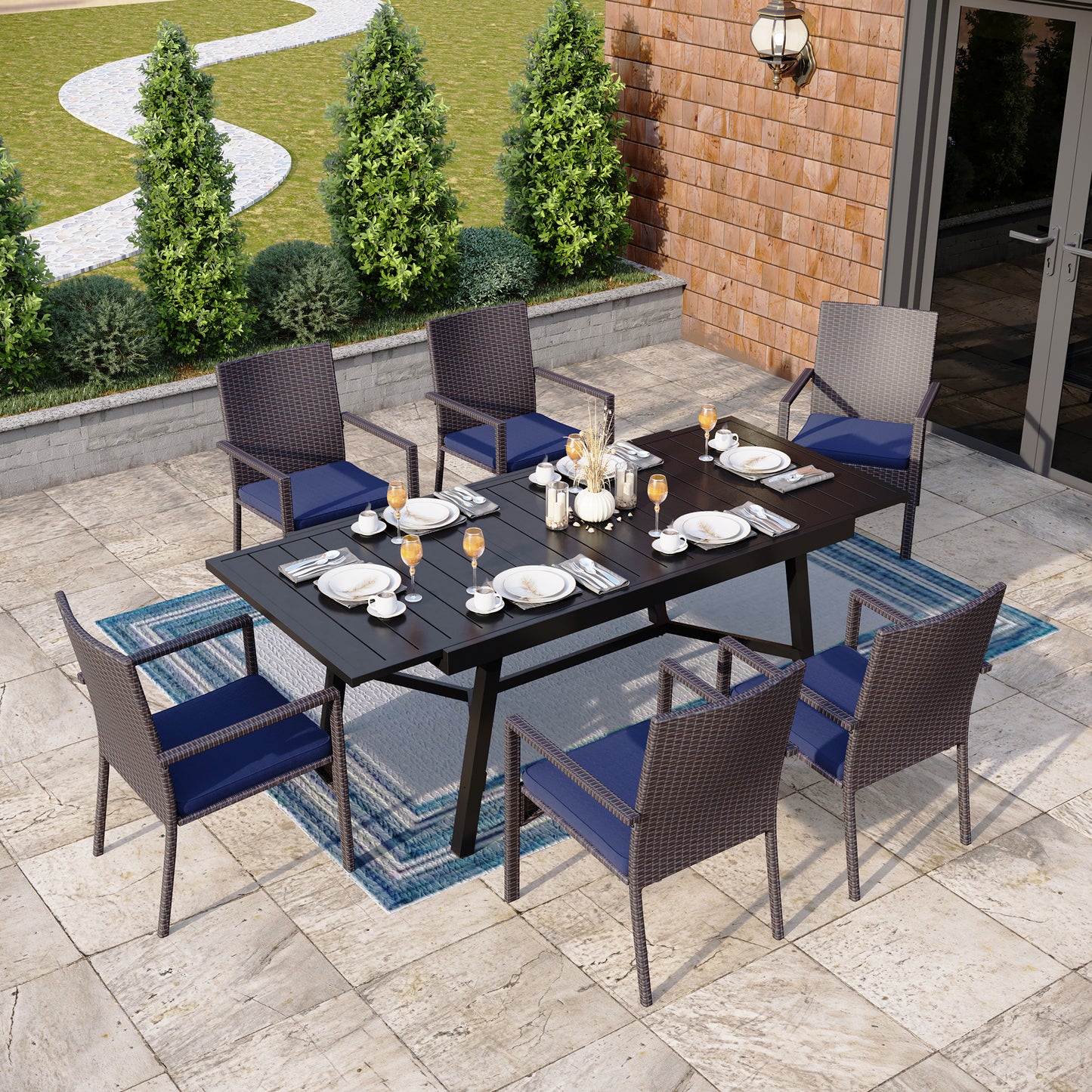 Captiva Designs 7pc Patio Slat-top Expandable Metal Dining Table & Armrest Wicker Chairs with Cushions