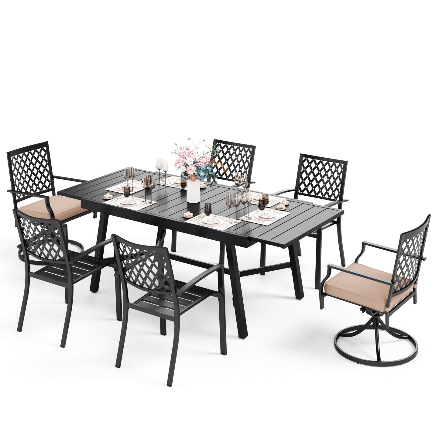 Captiva Designs 7pc Outdoor Expandable Rectangle Dining Table & Metal Armrest Chairs