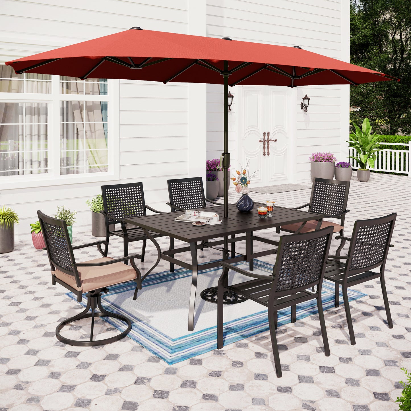 Captiva Designs 8pc Outdoor Rectangle Steel Dining Table & Metal Chairs & Market Umbrella