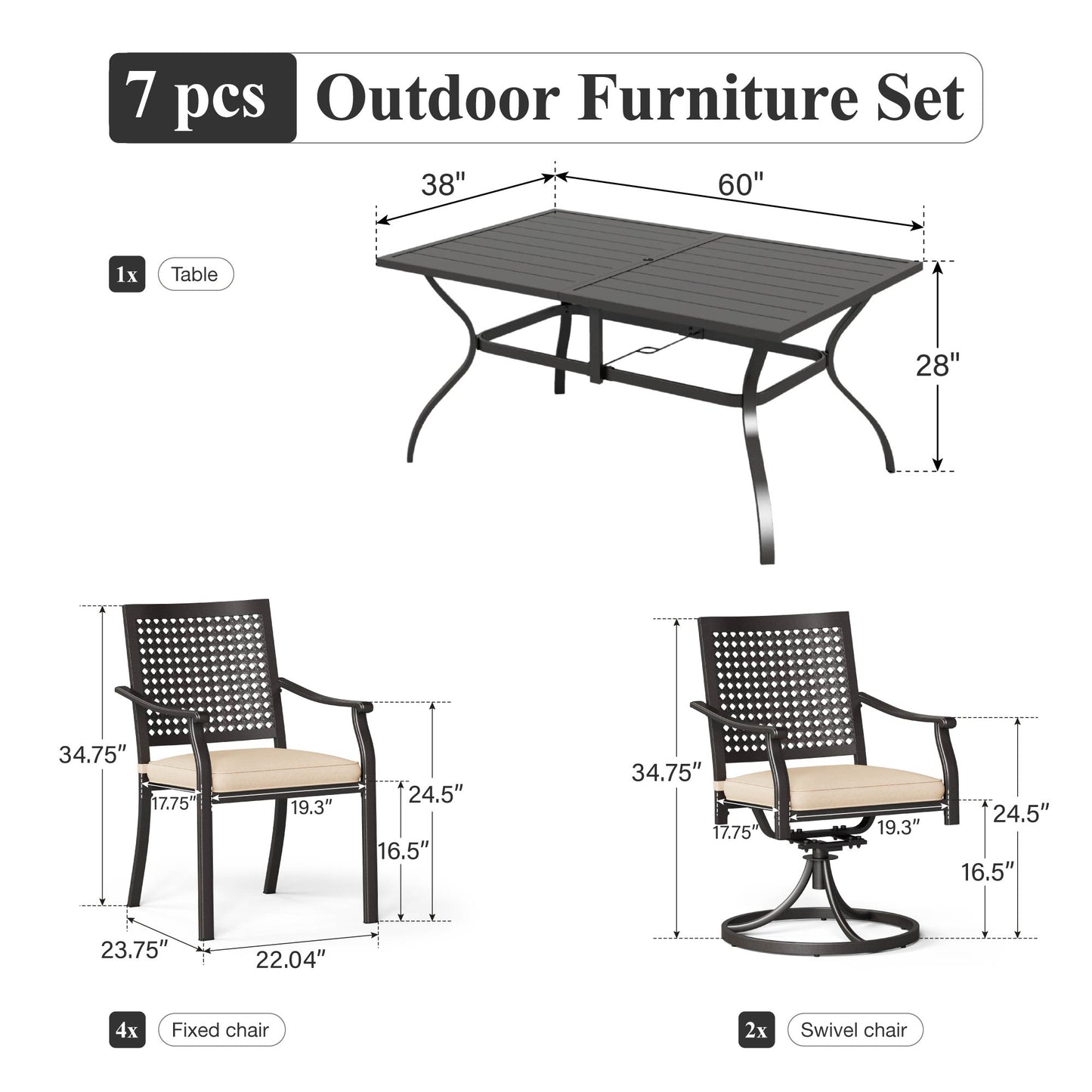 Captiva Designs 7pc Patio Dining Set with Slat-top Rectangle Steel Table & Metal Chairs