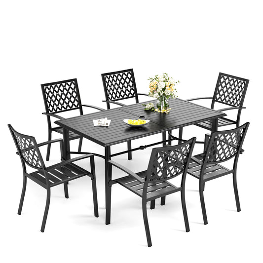 Captiva Designs 7pc Patio Dining Set with Slat-top Rectangle Table & Metal Stackable Chairs