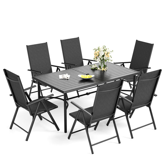 Captiva Designs 7pc Patio Dining Rectangular Steel Table & Pre-assembled Textilene Reclining Foldable Chairs