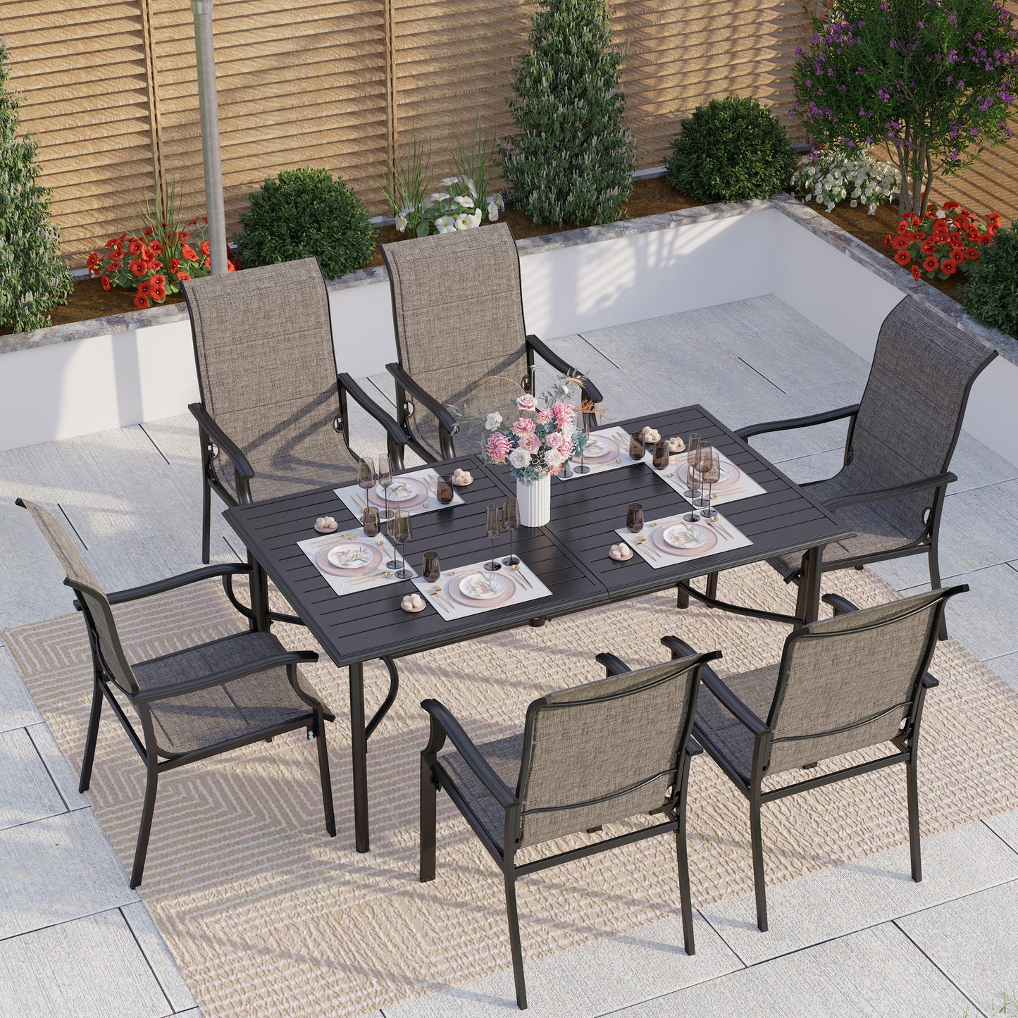 Captiva Designs 7pc Patio Dining Rectangular Black Steel Table & High Back Padded Grayish Brown Sling Armrest Chairs