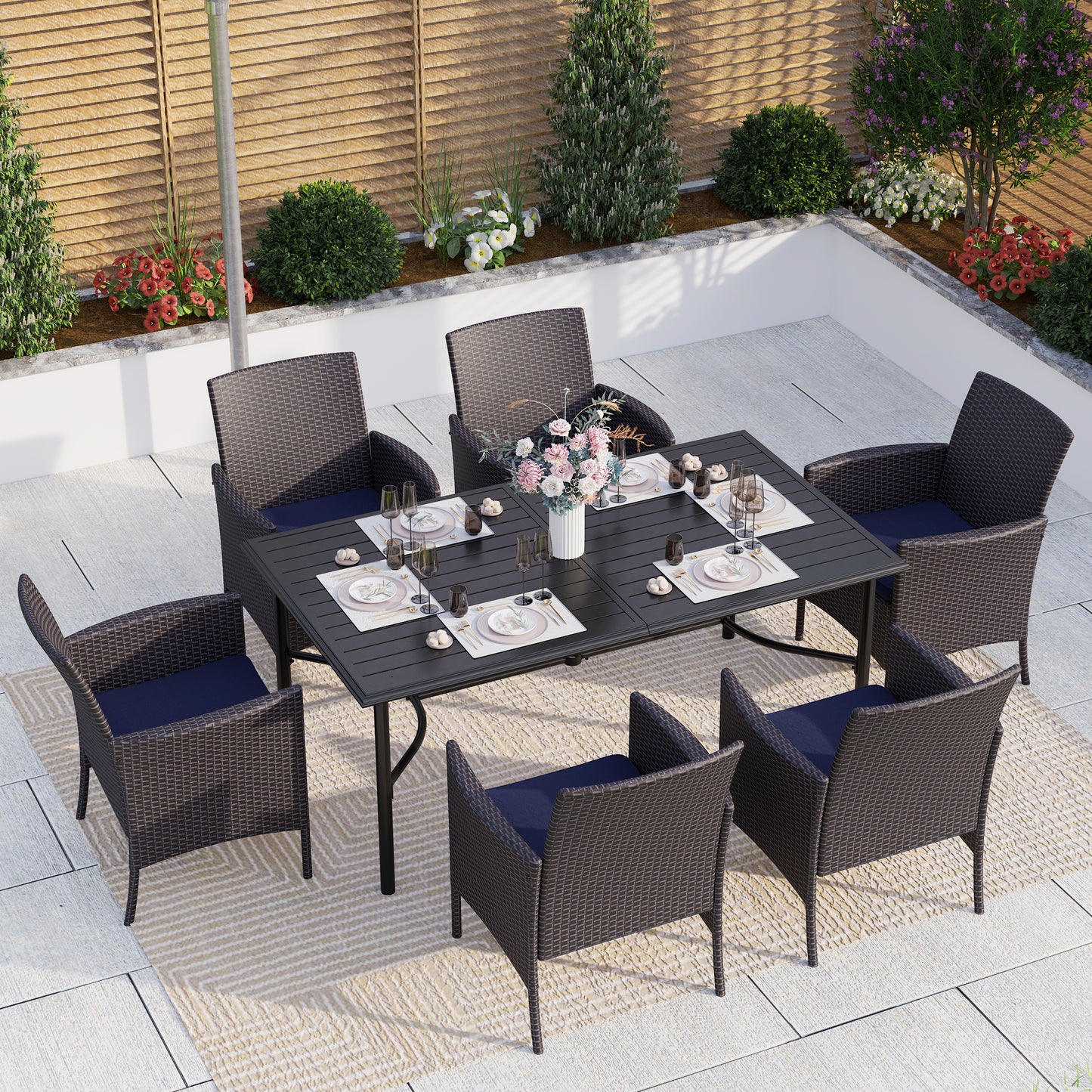 Captiva Designs 7pc Patio Slatted Top Steel Dining Table with Umbrella Hole & Cushioned Armrest Rattan Chairs