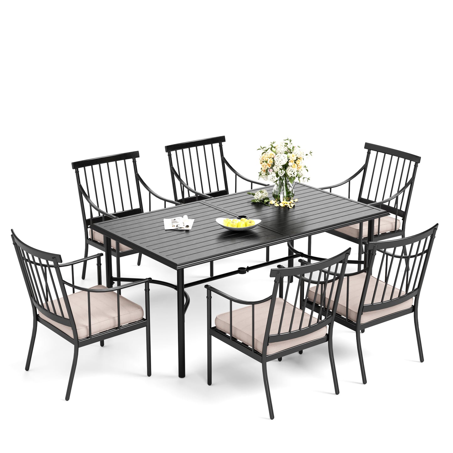 Captiva Designs 7pc Patio Slatted Top Steel Dining Table with Umbrella Hole & Stylish Cushioned Metal Chairs