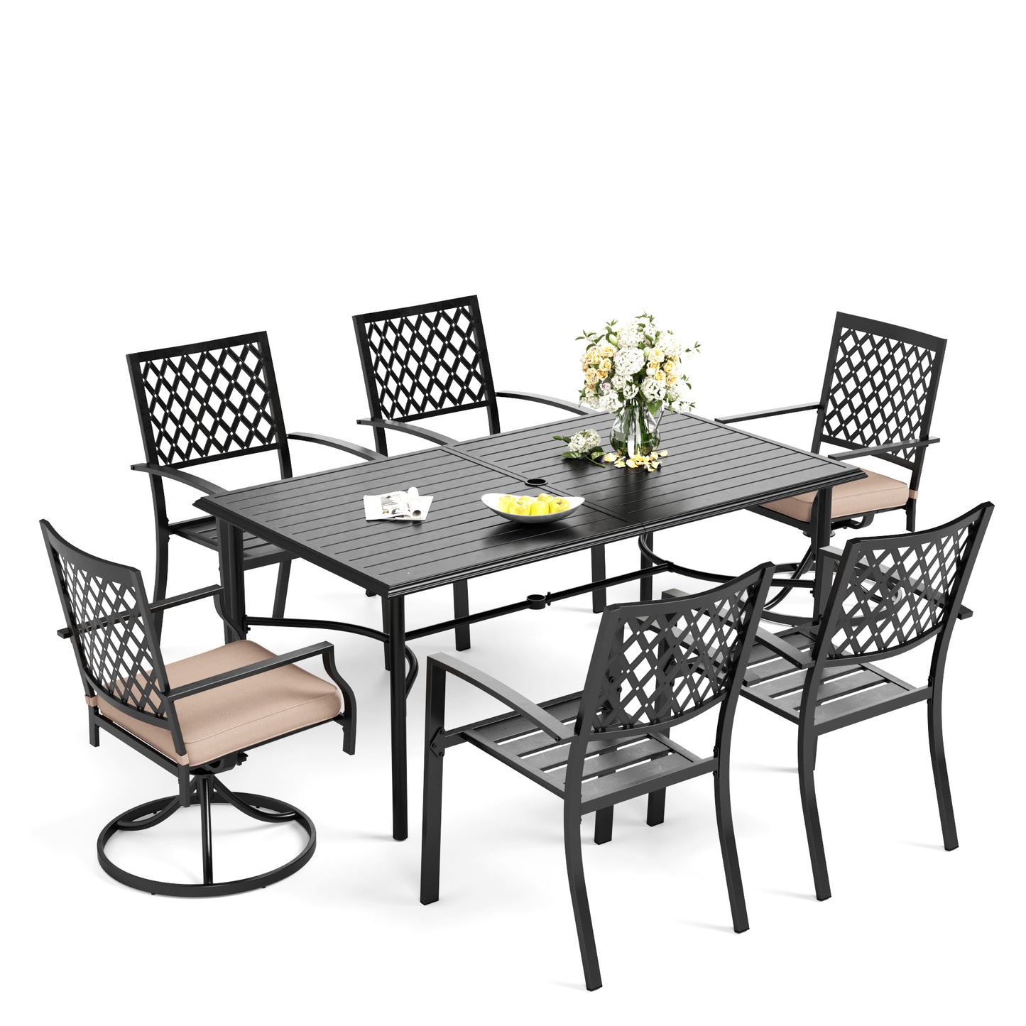 Captiva Designs 7pc Patio Slatted Top Steel Dining Table with Umbrella Hole & Stylish Back Metal Chairs