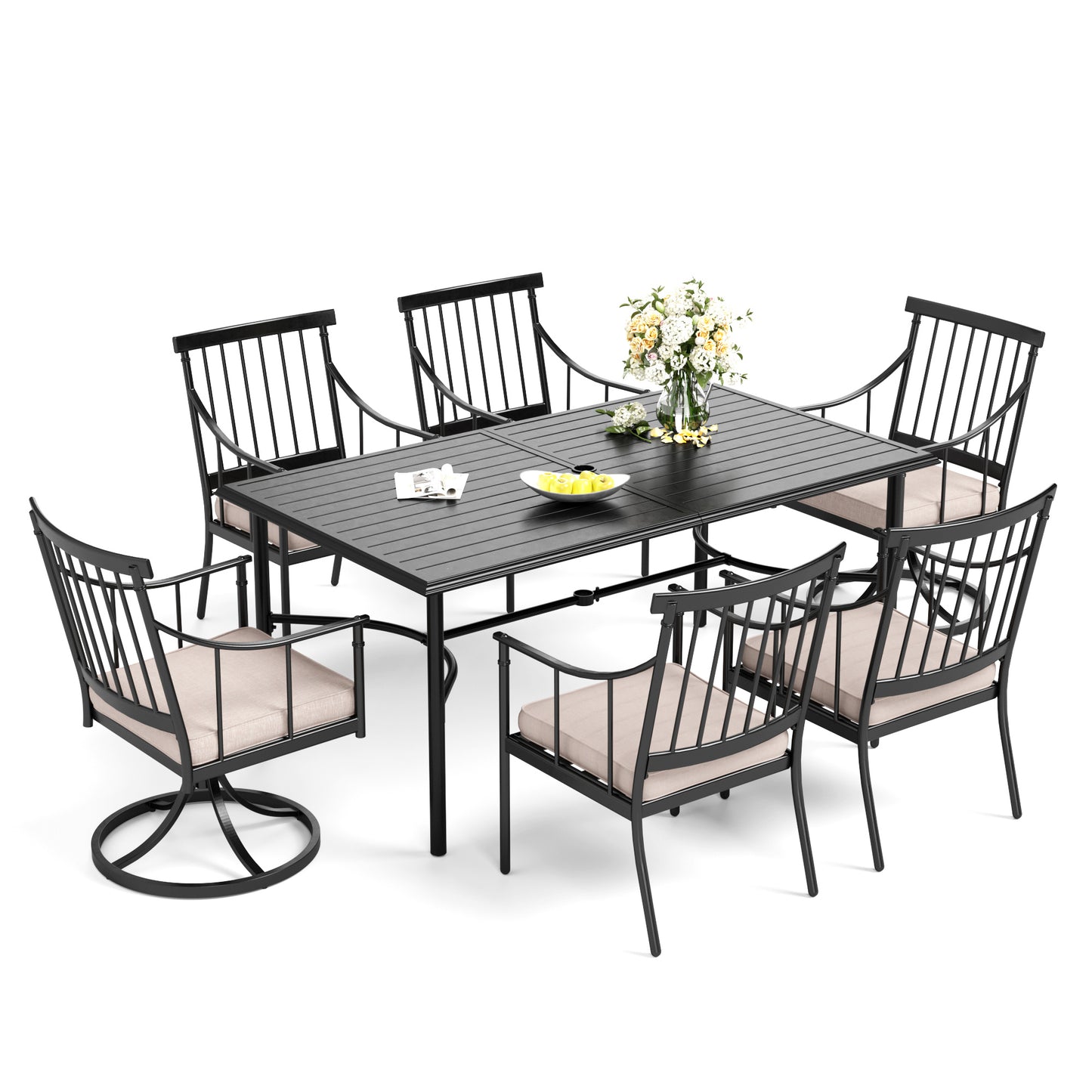 Captiva Designs 7pc Patio Slatted Top Steel Dining Table with Umbrella Hole & Stylish Cushioned Metal Chairs