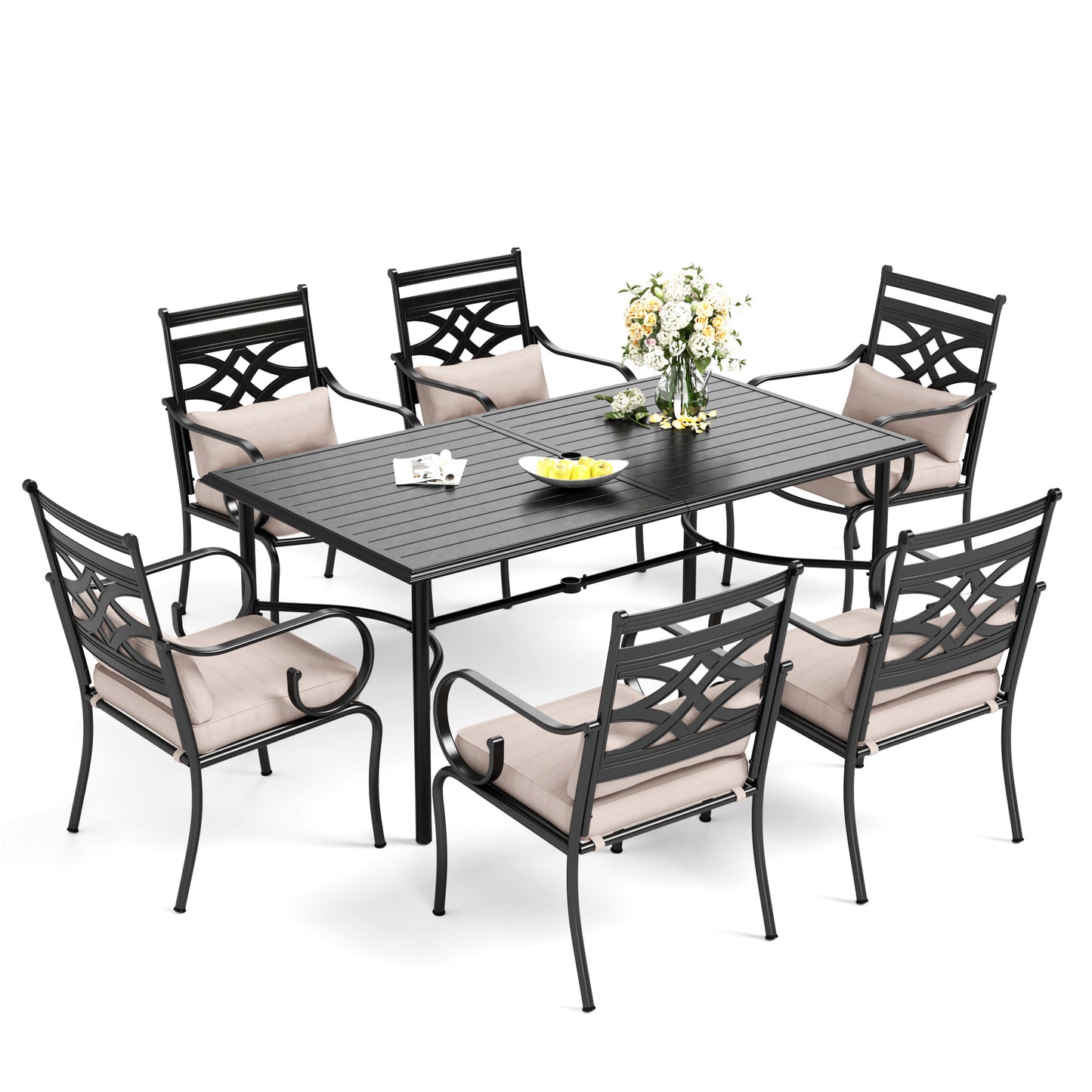 Captiva Designs 7pc Patio Slatted Top Steel Dining Table & Metal Chairs with Seat Cushions and Waist Pillows