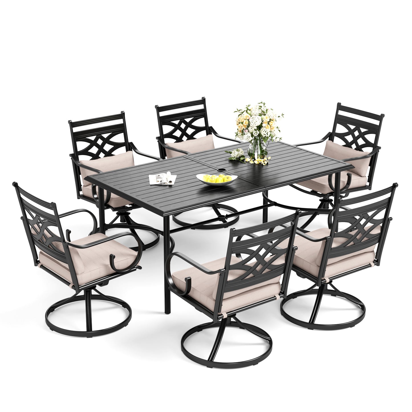 Captiva Designs 7pc Patio Slatted Top Steel Dining Table & Metal Chairs with Seat Cushions and Waist Pillows