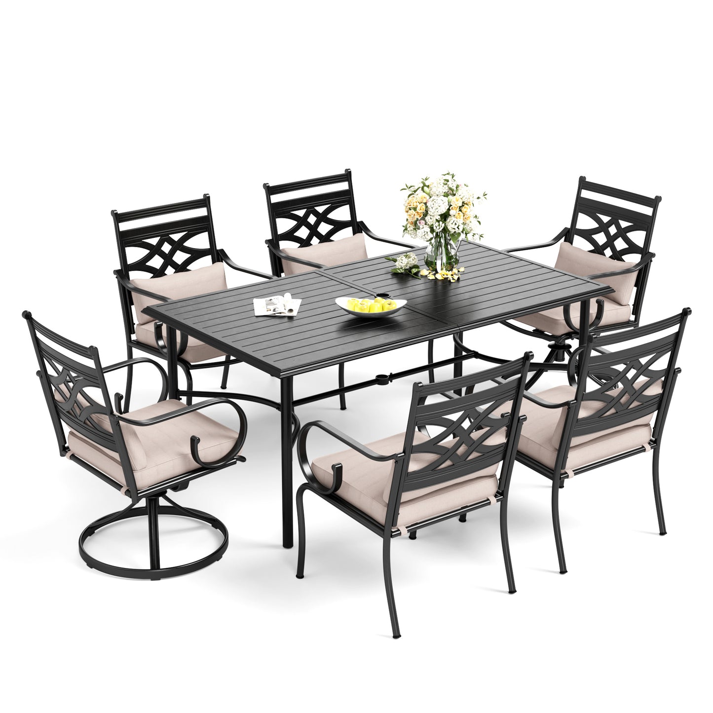 Captiva Designs 7pc Patio Slatted Top Steel Dining Table & Metal Chairs with Seat Cushions and Waist Pillows