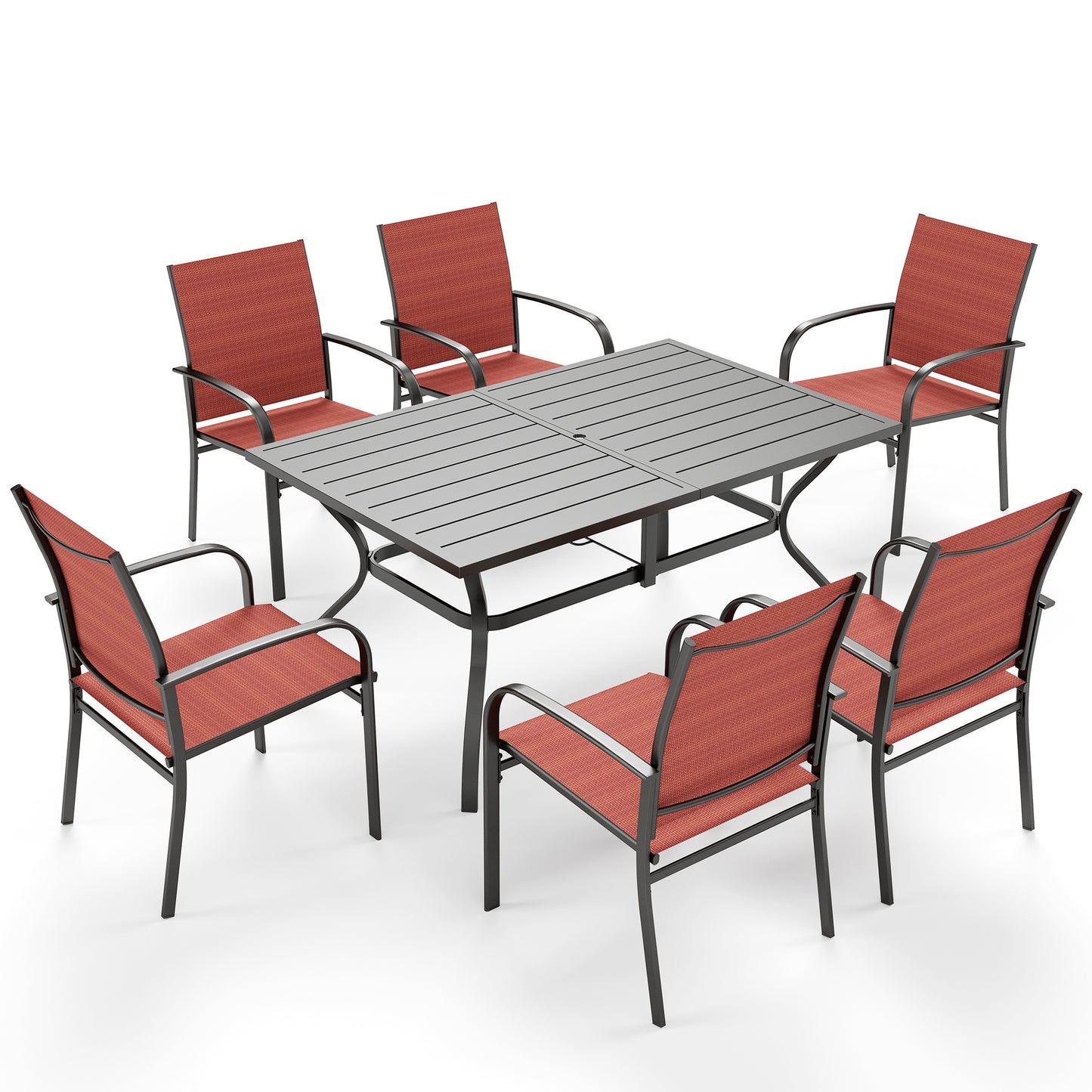 Captiva Designs 7 件套露台餐桌椅套装，配有带顶板的矩形桌子和蓝色吊带固定椅子