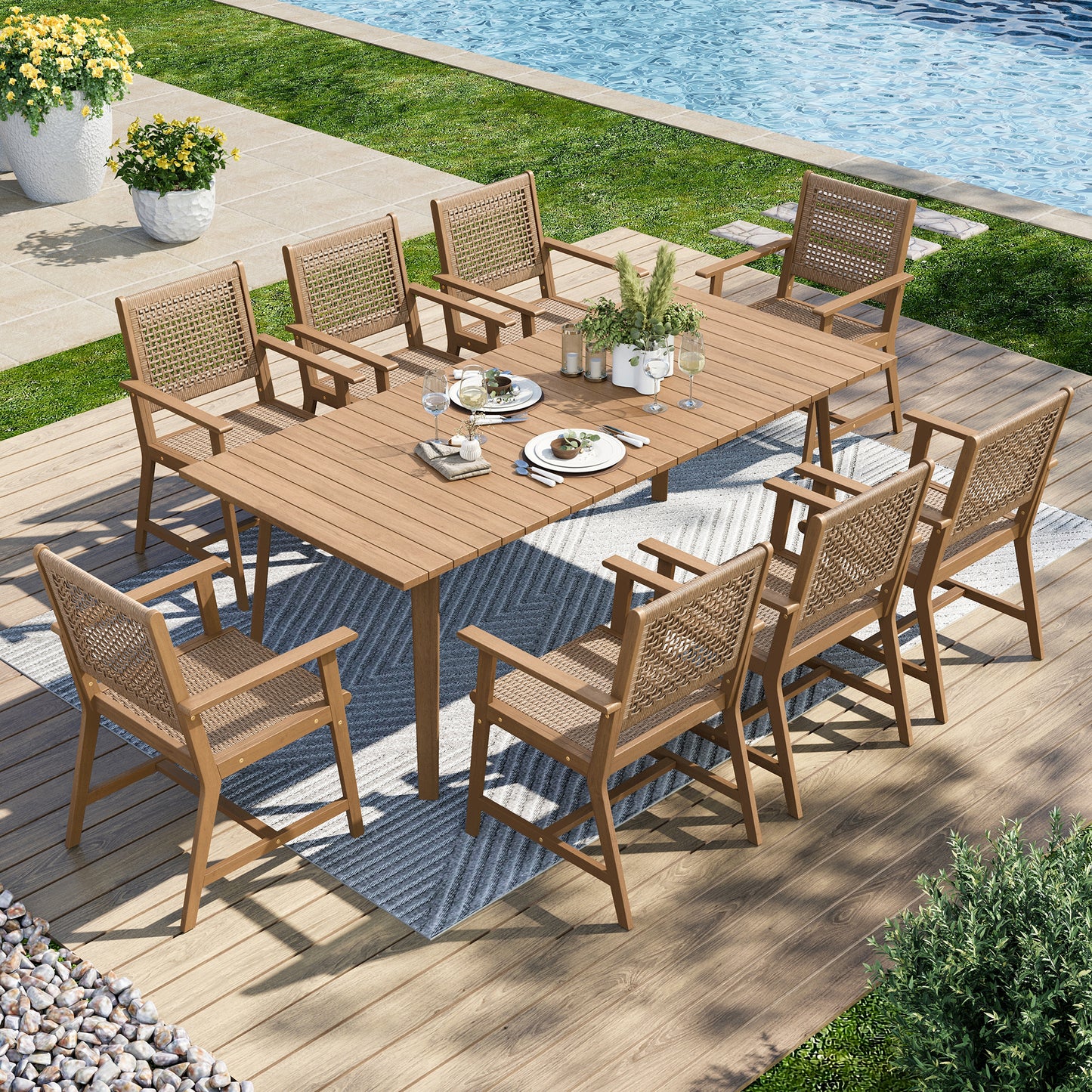 Captiva Designs 9 件套露台户外木质餐桌椅套装，配有 8 把藤椅和 1 张相思木长方形桌子