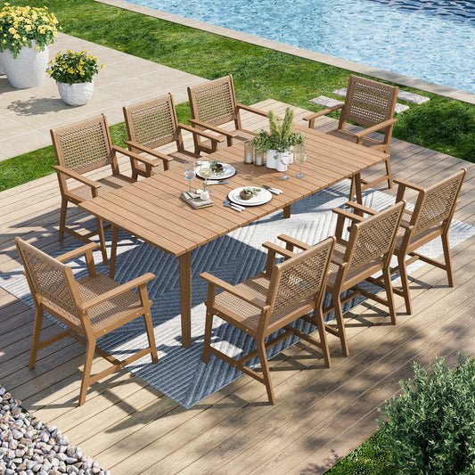 Captiva Designs 9 件套露台户外木质餐桌椅套装，配有 8 把藤椅和 1 张相思木长方形桌子