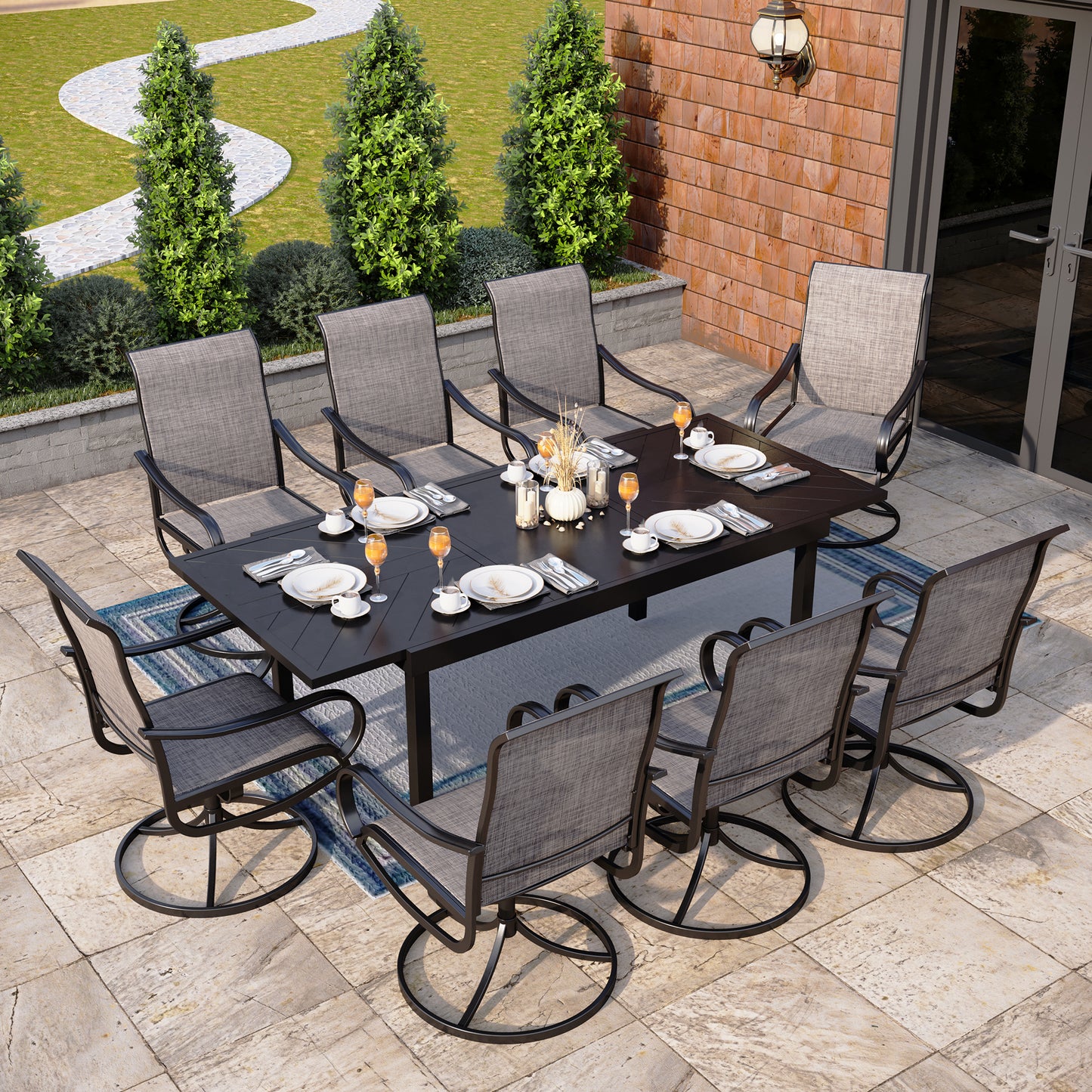 Captiva Designs 9pc Patio Dining Extendable Black Steel Rectangle Table & Textilene Swivel Chairs