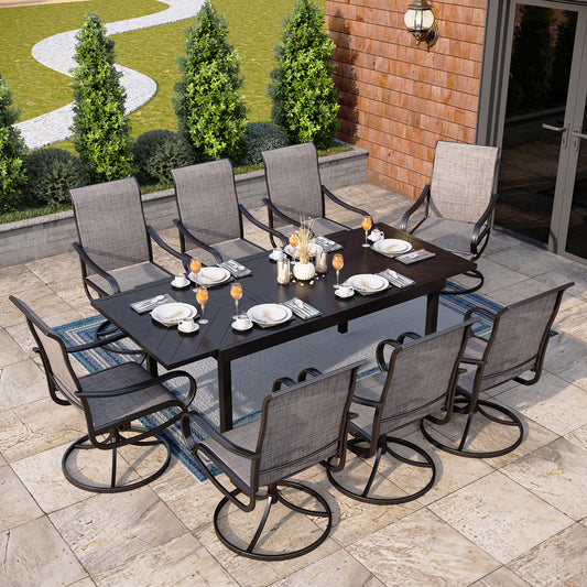 Captiva Designs 9pc Patio Dining Extendable Black Steel Rectangle Table & Textilene Swivel Chairs