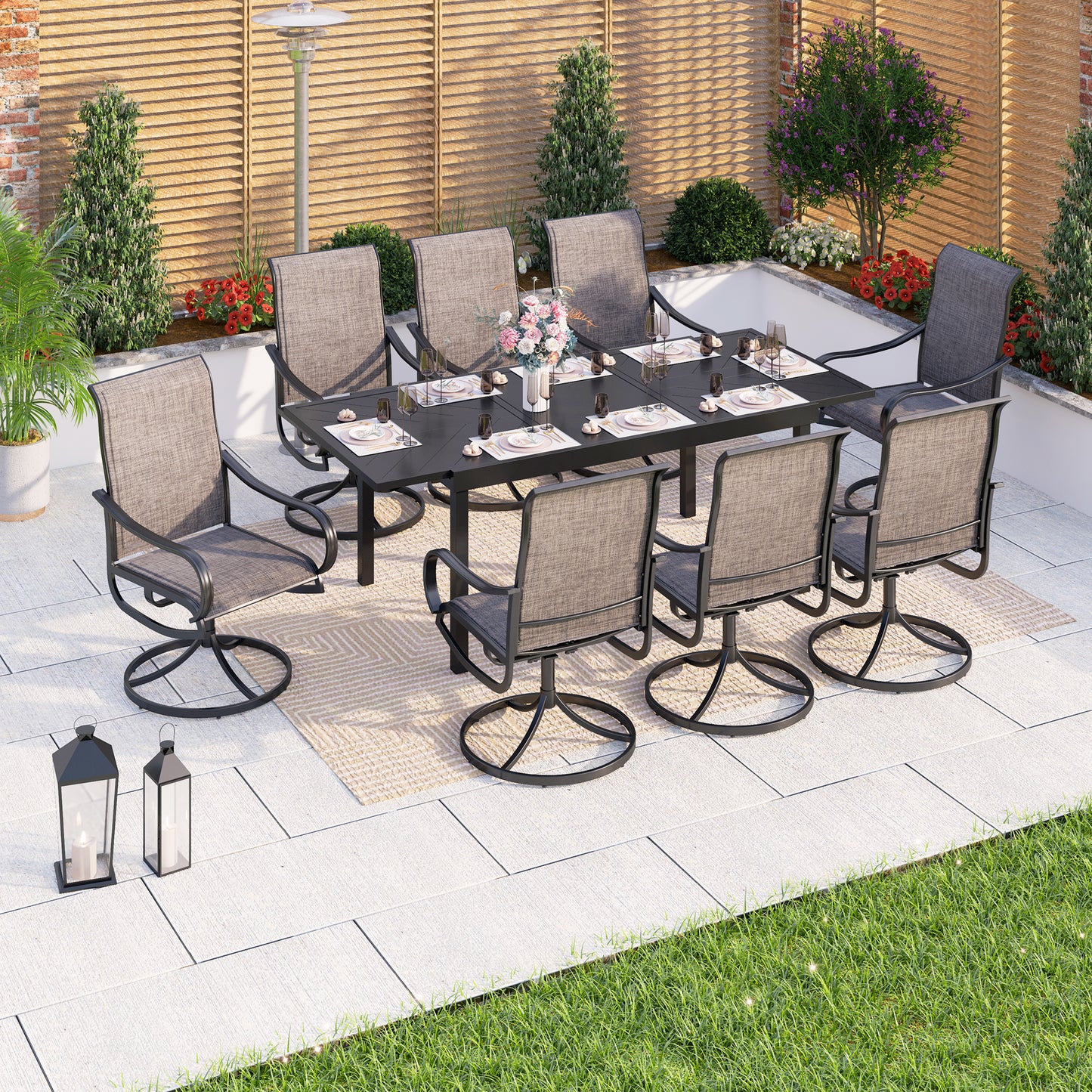 Captiva Designs 9pc Patio Dining Extendable Black Steel Rectangle Table & Textilene Swivel Chairs