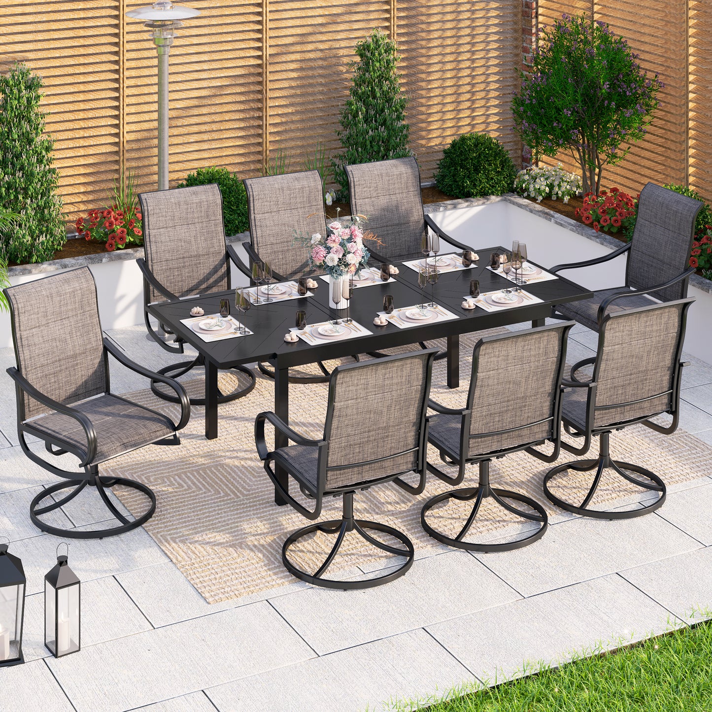 Captiva Designs 9pc Patio Dining Extendable Black Steel Rectangle Table & Textilene Swivel Chairs