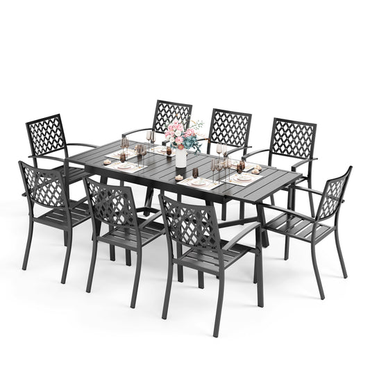 Captiva Designs 9pc Patio Dining Set with Slat-top Adjustable Steel Rectangle Table & Steel Chairs