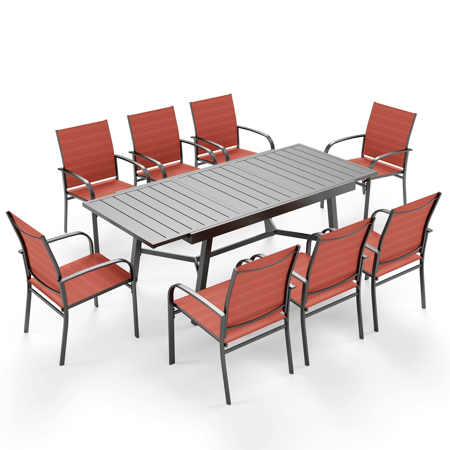 Captiva Designs 9 件套宽敞板顶矩形金属桌，带伞孔和棕色 Textilene 椅子