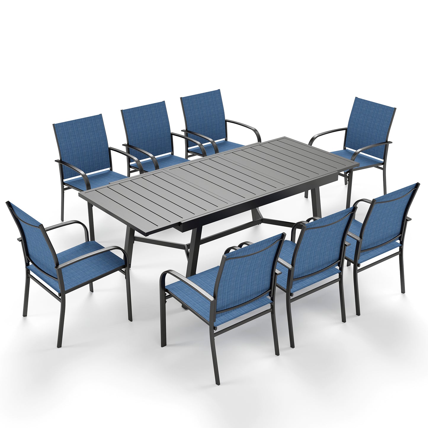 Captiva Designs 9pc Outdoor Patio Slat-top Rectangle Metal Dining Table & Breathable Textilene Chairs