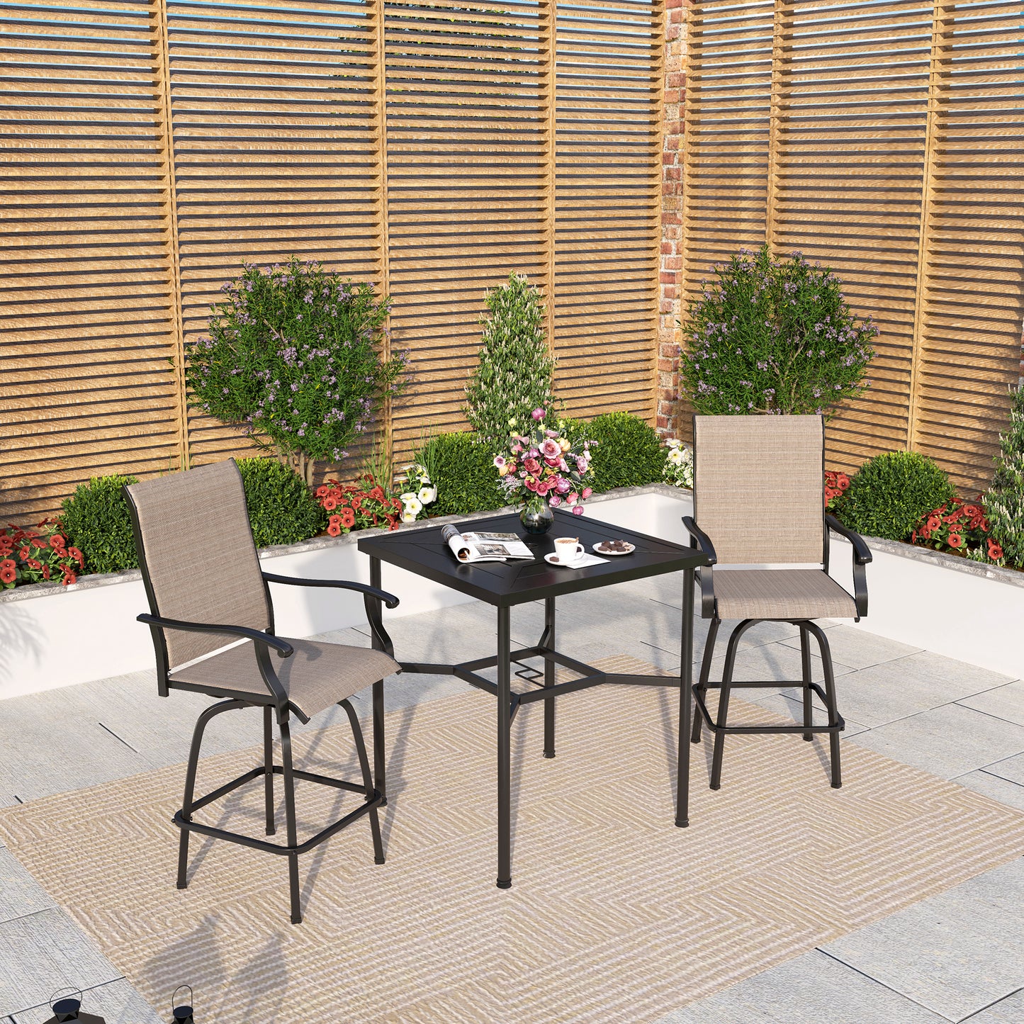 Captiva Designs 3pc Outdoor Patio Geometry Square Steel Bar Table & High Bar Swivel Stools