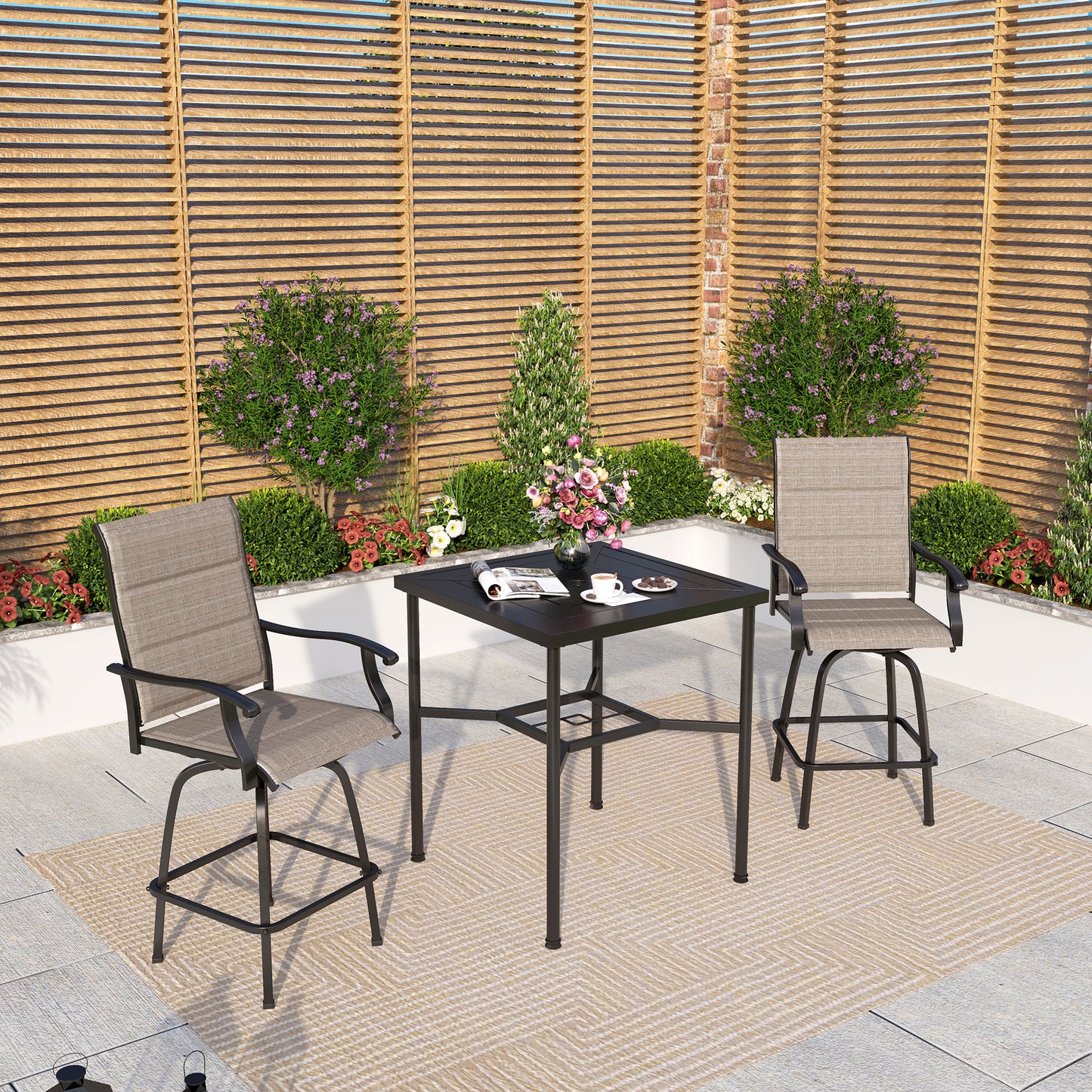 Captiva Designs 3pc Outdoor Patio Geometry Square Steel Bar Table & High Bar Swivel Stools