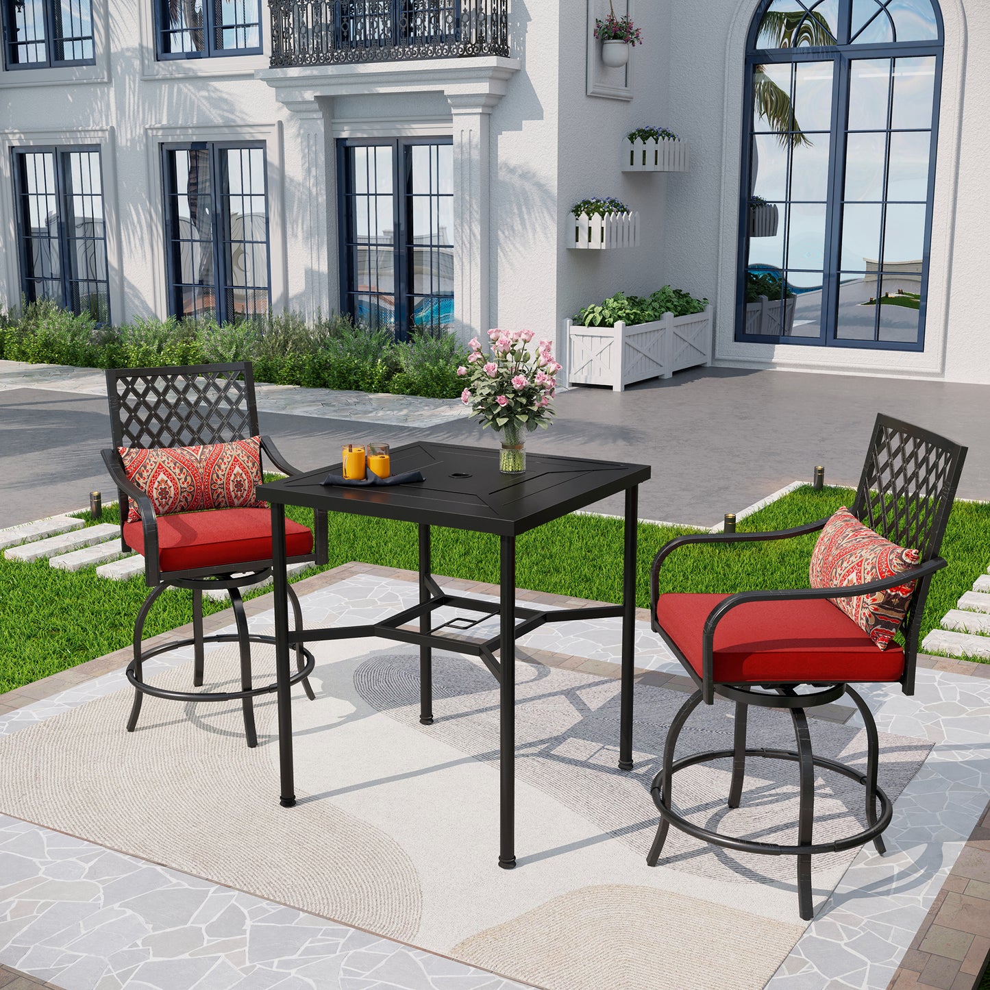 Captiva Designs 3pc Outdoor Patio Geometry Square Steel Bar Table & High Bar Swivel Stools