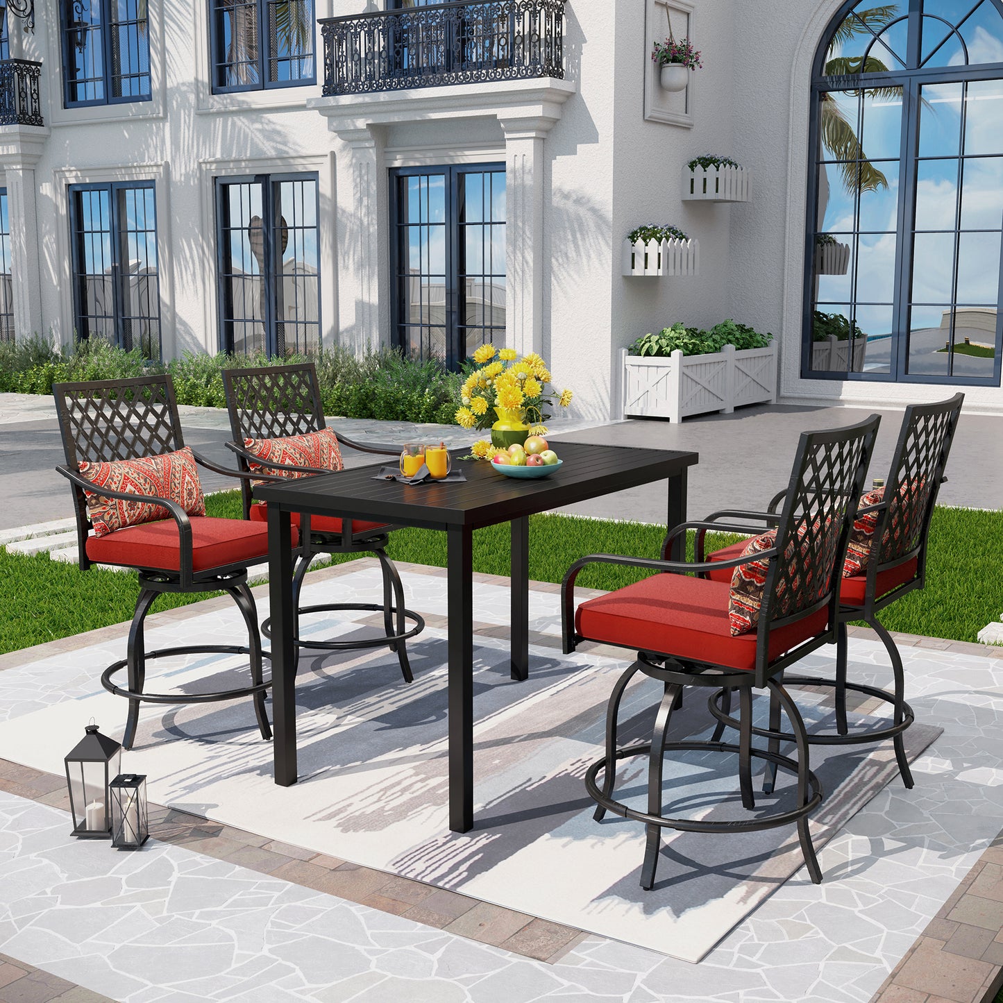 Captiva Designs 5pc Outdoor Patio Dining Steel Bar Table & High Bar Swivel Stools