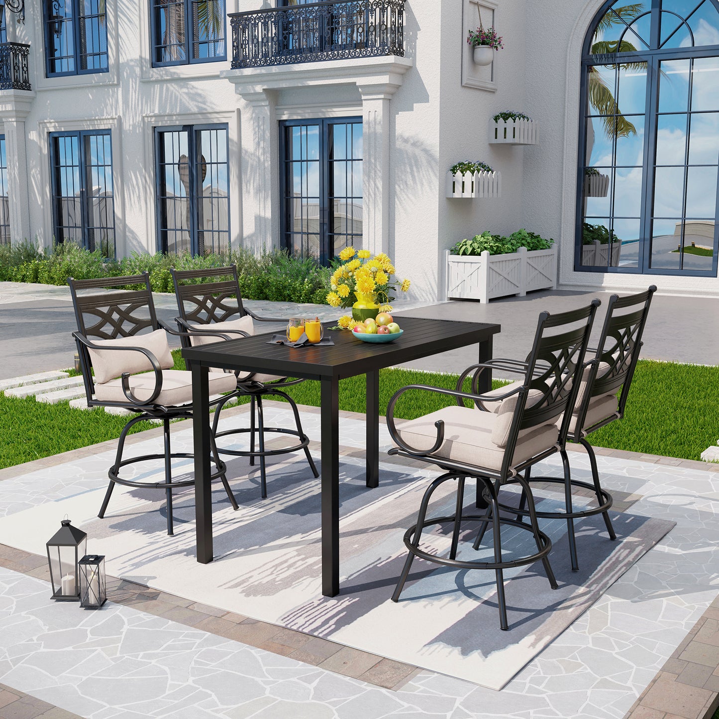 Captiva Designs 5pc Outdoor Patio Dining Steel Bar Table & High Bar Swivel Stools