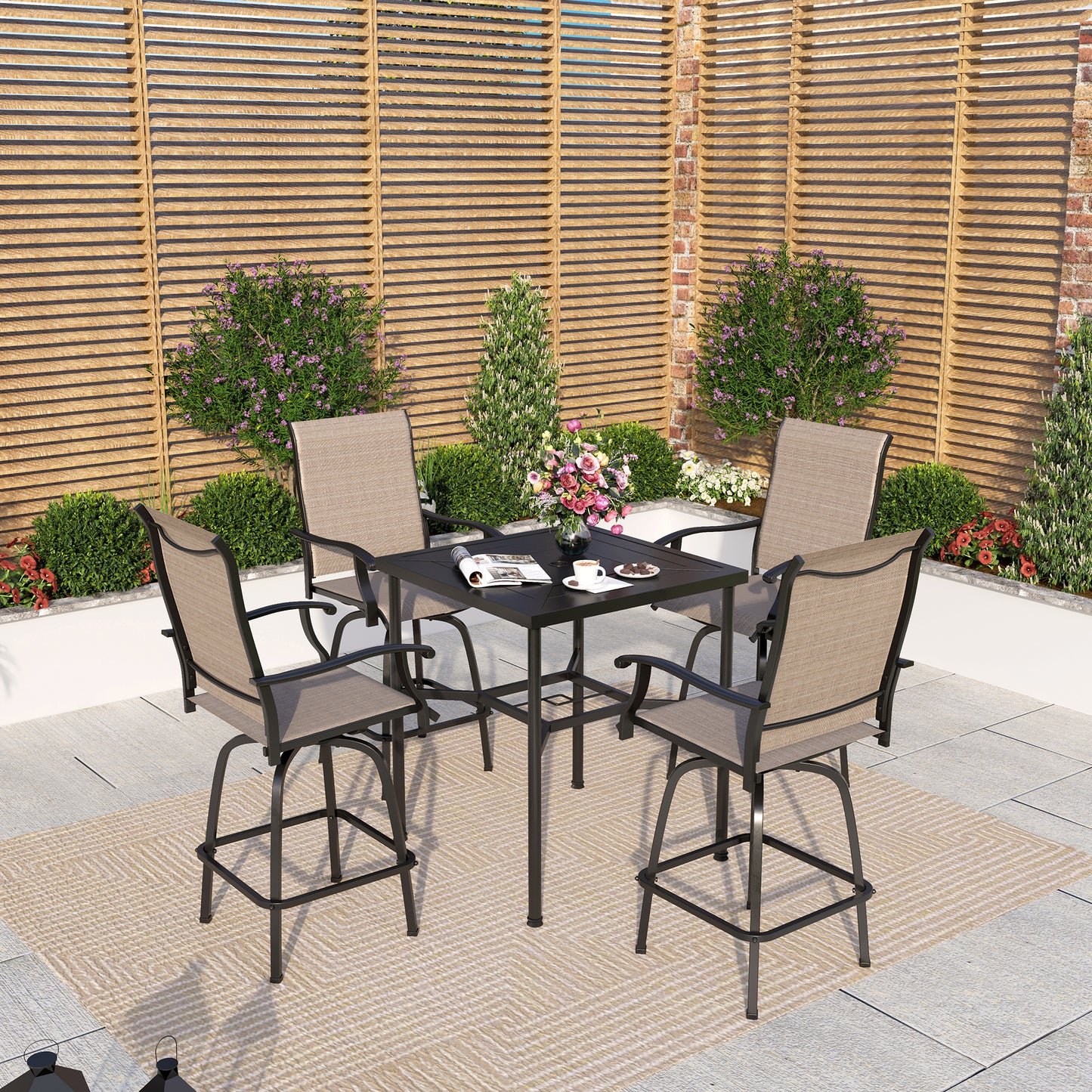 Captiva Designs 5pc Outdoor Patio Dining Steel Bar Table & High Bar Swivel Stools