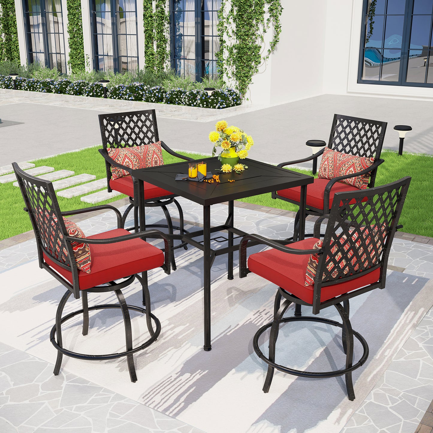 Captiva Designs 5pc Outdoor Patio Dining Steel Bar Table & High Bar Swivel Stools