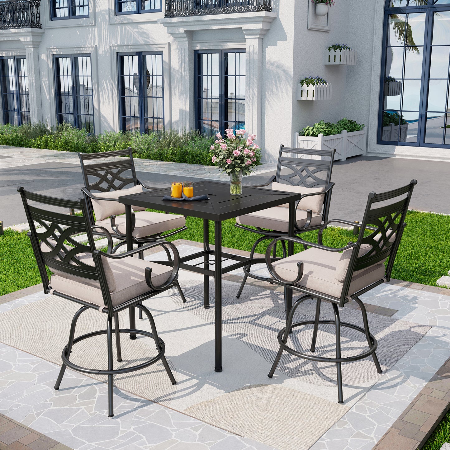 Captiva Designs 5pc Outdoor Patio Dining Steel Bar Table & High Bar Swivel Stools