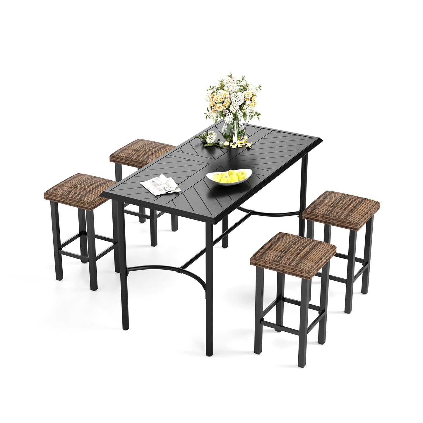 Captiva Designs 5pc Outdoor Patio Cross Bracket Rectangle Steel Bar Table & High Bar Stools