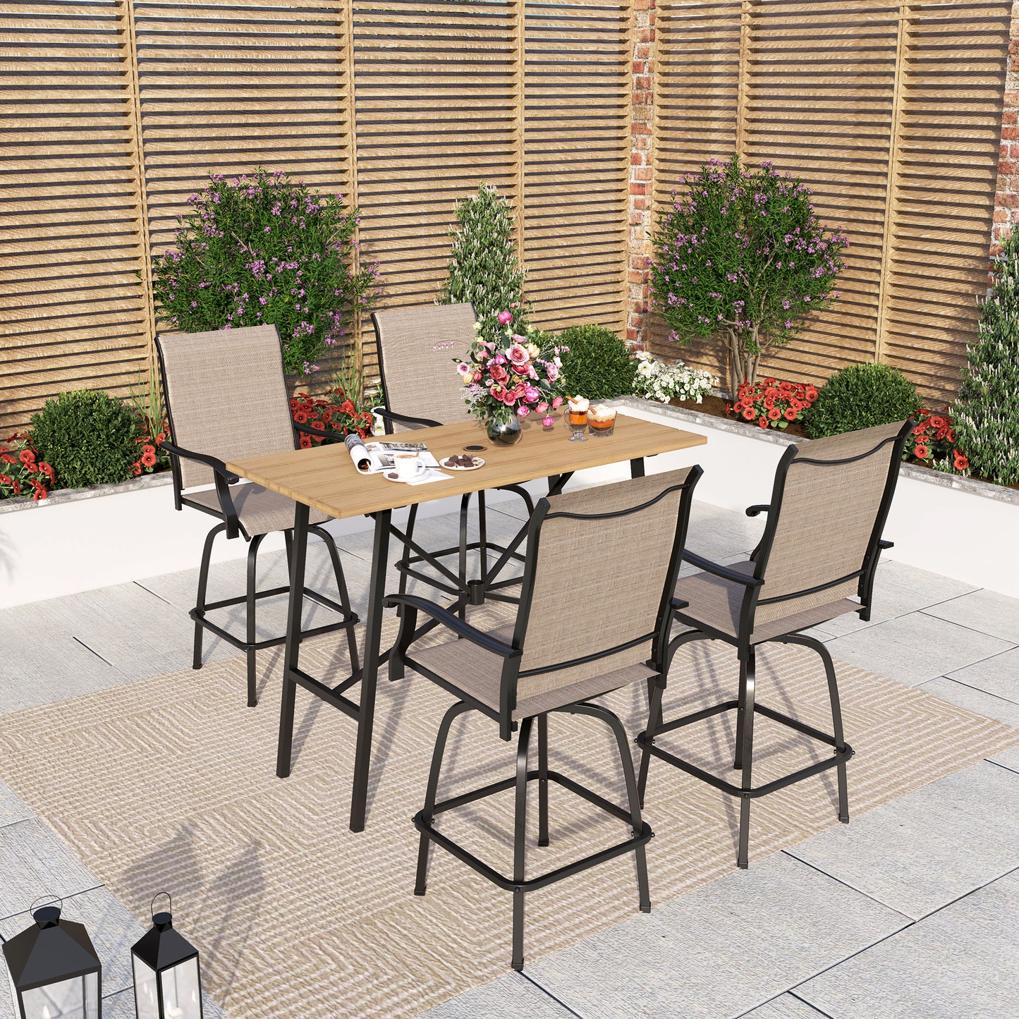 Captiva Designs 5pc Patio Slat-top Rectangle Wood-look Finished Metal Bar Table & Sling Swivel Bar Stools