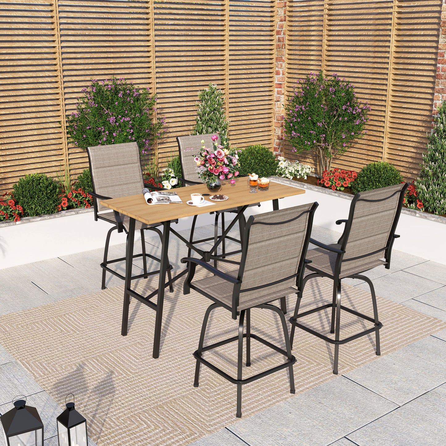 Captiva Designs 5pc Patio Slat-top Rectangle Wood-look Finished Metal Bar Table & Sling Swivel Bar Stools