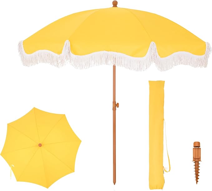 PHI VILLA Parasol Balcony Sun Protection 200 cm Bendable Round with Fringes, Boho Beach Umbrella, Garden, Wind-Resistant Parasols, Balcony Umbrella with Ground Spike for Patio, UPF 50+, Gold