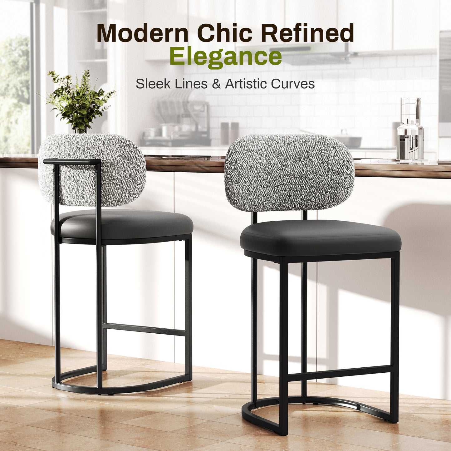 Captiva Designs 24.8 inch Counter Height Bar Stool with Large Chenille Back & PU Leather Seat & Footrest & Adjustable Foot Pad & Sturdy Steel Frame