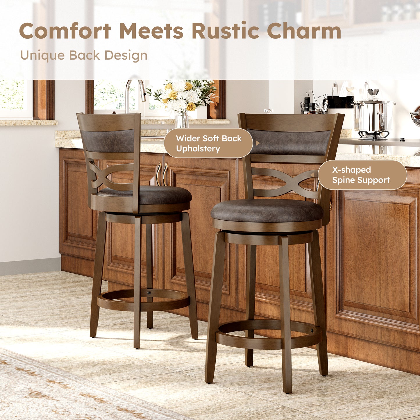 Captiva Designs Counter & Bar Height Swivel Bar Stools with Faux Leather Upholstered Seat & Rubberwood Frame & Wrap-Around Footrest