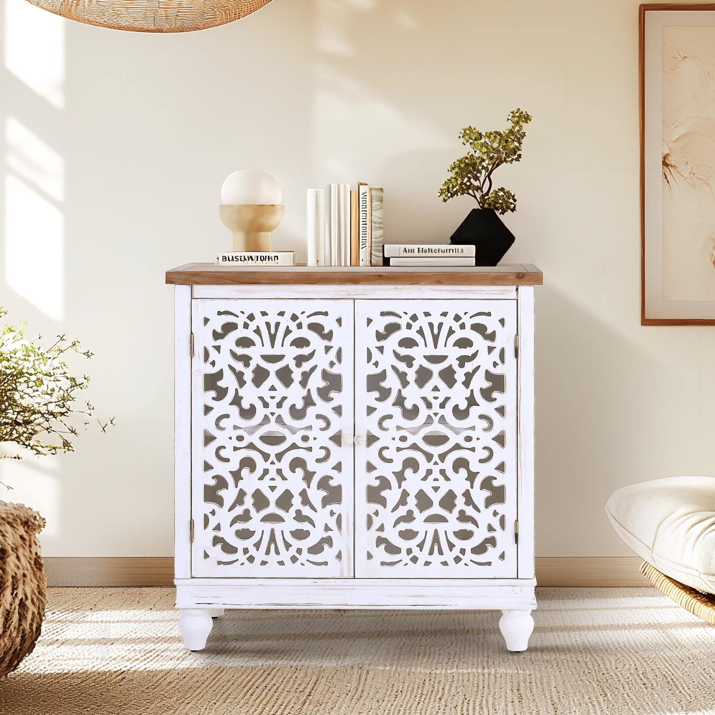 Captiva Designs Distressed Hollow-carved Accent Storage Sideboard Buffet Cabinet with Solid Wood Legs for Living Room Entryway Foyer