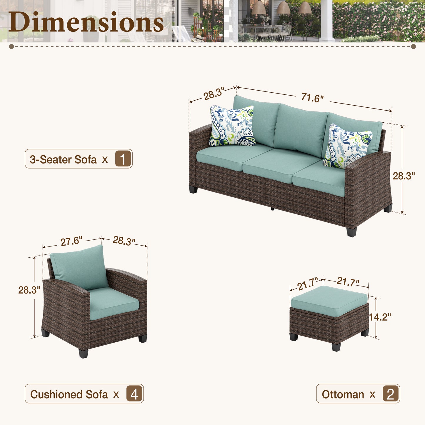 Captiva Designs 7pc Outdoor Patio Wicker Conversation Set with 4Cushioned Single Sofas for Garden Poolside Backyard